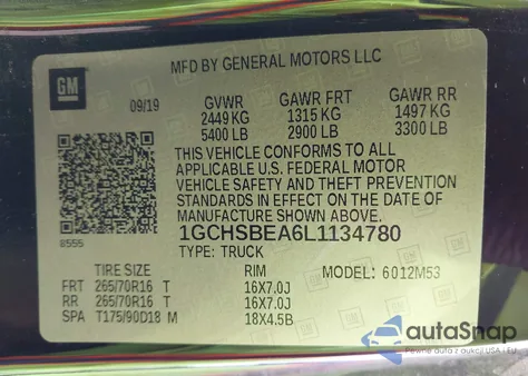 2020 Chevrolet Colorado 2Wd Long Box Wt из США, поврежденный, VIN 1GCHSBEA6L1134780